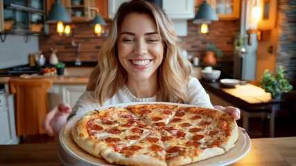 A young woman with her hands extended in anticipation is standing in front of a big pizza box