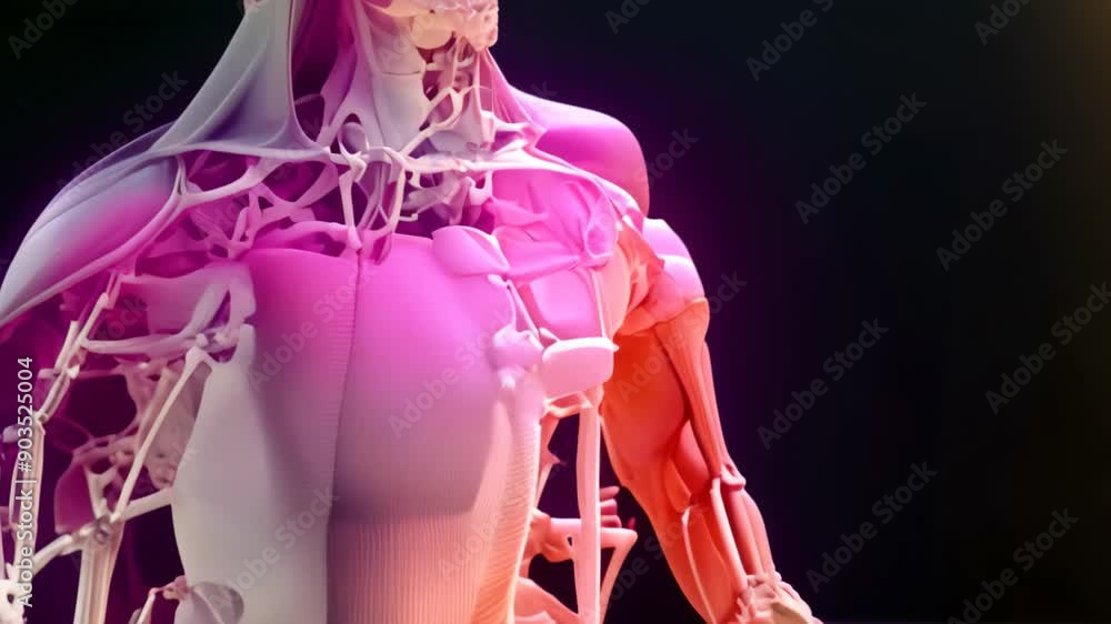 Poster human skeleton highlighted at the shoulder joint, emphasizing bone structure and potential areas of 