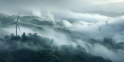 Wind turbines stand tall against a backdrop of rolling hills cloaked in a thick layer of mist.