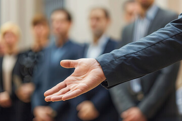Person offering a hand to another in front of a group, symbolizing servant leadership