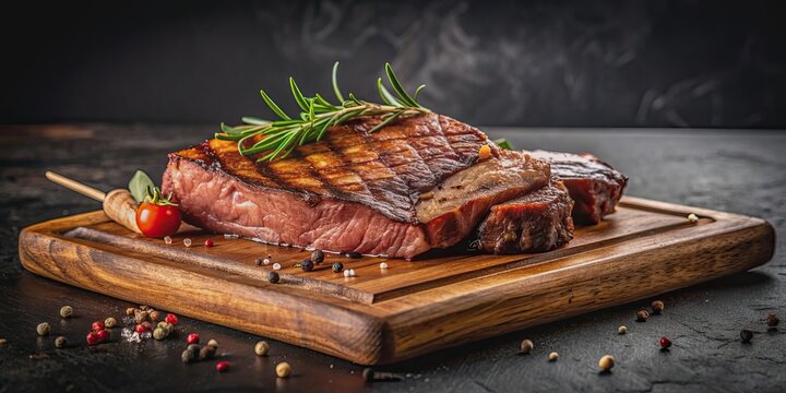 Cooked beef barbecue served on a wooden board, against a black background, barbecue, beef, cooked, wood, board, food, meal