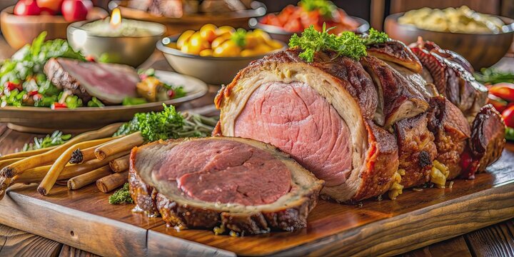 Detailed shot of prime rib buffet carving station with focus on juicy meat , buffet, carving station, prime rib, meat