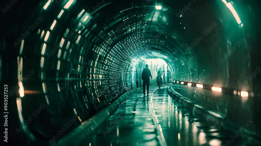 Poster long tunnel featuring rows of bright lights along the center, creating a futuristic ambiance, stream