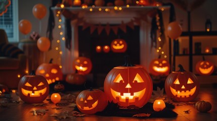 Fototapeta premium A festive collection of carved pumpkins illuminated by candles or fairy lights, showcasing their grinning, spooky faces