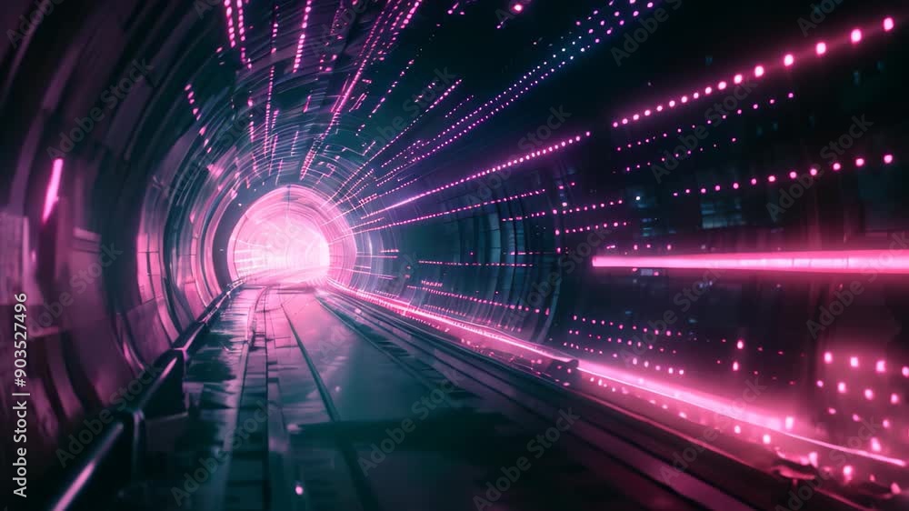 Poster a tunnel illuminated with numerous pink lights creating a vibrant and surreal atmosphere, streams of