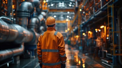 A male engineer inspects industrial pipelines and crude oil drilling rigs in a sizable factory located behind an upstream subsea crude oil and gas production facility