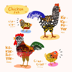 Chicken, hen, rooster, cock poultry farm animal character vector illustration. Rough line art, hand drawing domestic bird collection. © Suryadi