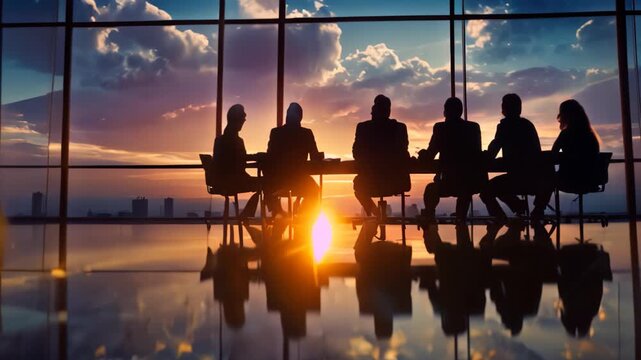 Successful business owners discussing strategy at table in front of window, Successful business owners strategizing and problem-solving together in a conference room