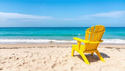 Relaxing Yellow Beach Chair on Sandy Shore with Clear Blue Ocean - Perfect for Summer Vacation and Coastal Travel