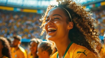 A passionate cheering woman demonstrates the joy of sports as she becomes fully engrossed in the excitement of a soccer match against an exuberant crowd in the backdrop