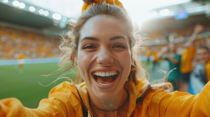 A passionate cheering woman demonstrates the joy of sports as she becomes fully engrossed in the excitement of a soccer match against an exuberant crowd in the backdrop