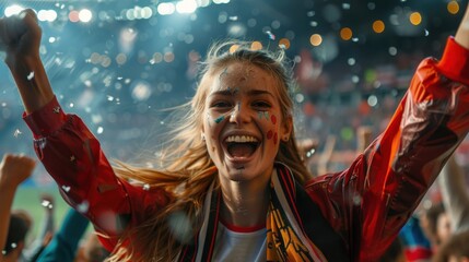 Obraz premium A passionate cheering woman demonstrates the joy of sports as she becomes fully engrossed in the excitement of a soccer match against an exuberant crowd in the backdrop