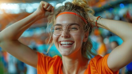 A passionate cheering woman demonstrates the joy of sports as she becomes fully engrossed in the excitement of a soccer match against an exuberant crowd in the backdrop