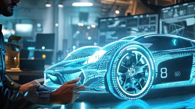 A man in a building designs a car on a computer with a table. In order to light up the car's hood and tires, he makes precise gestures