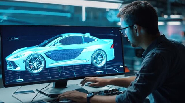 A man in a building designs a car on a computer with a table. In order to light up the car's hood and tires, he makes precise gestures