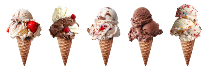 Ice cream double triple scoop, on waffle cone on transparent background cutout, PNG file. Many different flavour Mockup template for artwork design