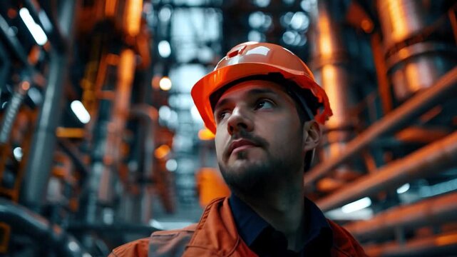A male engineer inspects industrial pipelines and crude oil drilling rigs in a sizable factory located behind an upstream subsea crude oil and gas production facility