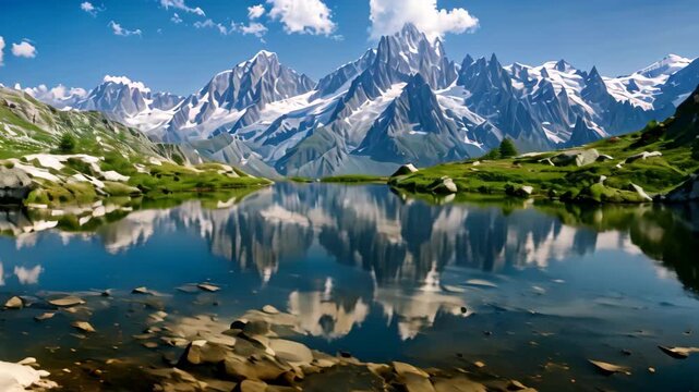 Mountain ranges reflection in calm lake waters, Sun-kissed summits reflecting in crystal-clear lakes