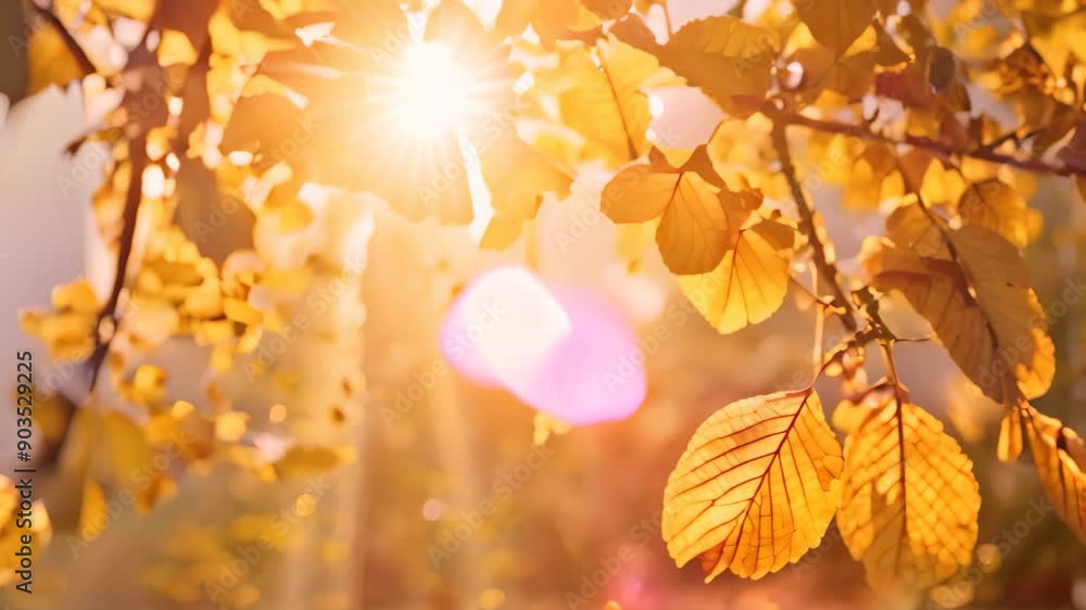Poster sunlight beams through the colorful autumn leaves of a tree, sunlight filtering through a canopy of 