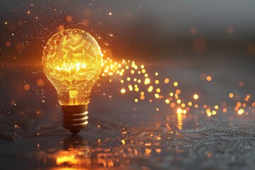 Light bulb emitting sparkles on a dark background symbolizing inspiration and innovative ideas.