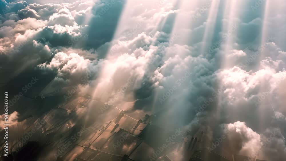 Poster aerial view showing sun rays piercing through a cluster of clouds, sunlight filtering through a patc