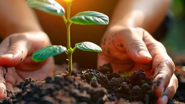 Hands sowing a seedling in bright soil, fostering the idea of growth 