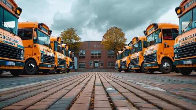 A fleet of bright yellow school buses lined up in front of a school, symbolizing the start of a new academic year and the excitement of back to school season