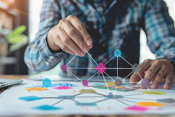 Organization hierarchy concept. Businessman managing complex mindmap logic