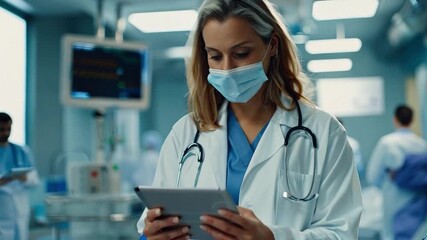 A doctor and woman using tablets in a hospital for reading, healthcare, and medical research, as well as for planning surgeries. Consultation via digital - Powered by Adobe