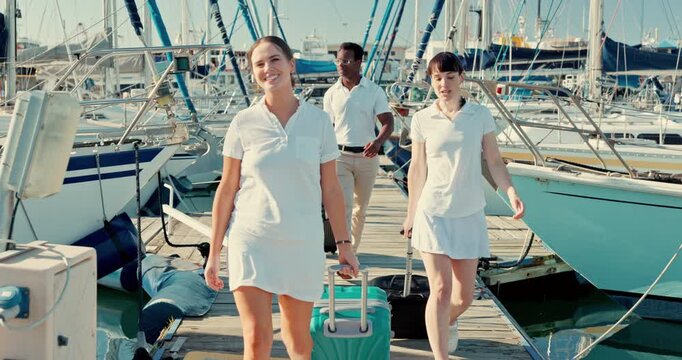 Boat port, luggage and people walking to travel, vacation and summer trip at ocean. Suitcase, pier and crew at boat dock, luxury holiday for tourism and happy on wood bridge at yacht harbor at sea