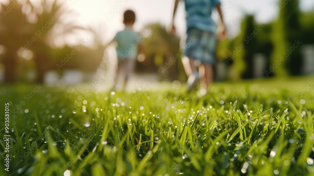 Poster carefree children playing and splashing in the water of a sprinkler on a lush green lawn on a warm s