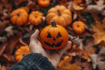hand holding a small pumpkin with the face of jack o lantern against a background of autumn leaves 