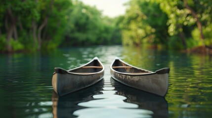 Obraz premium Peaceful canoe journey along a tranquil river with lush verdant banks and a serene summer ambiance Idyllic outdoor nature scene with a sense of and connection to the natural environment