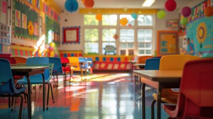 Fototapeta premium An empty kindergarten classroom, bright colors adorn the well-lit classroom walls, creating an inviting atmosphere that encourages intellectual exploration and encourages active participation.