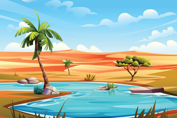 Desert oasis with palm trees, clear water, and sand dunes landscape under bright blue sky. Vector cartoon illustration