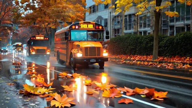 A dynamic image captures multiple school buses in motion against a backdrop of colorful fall leaves, representing renewed energy and learning opportunities as students head back to class