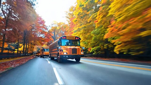 A dynamic image captures multiple school buses in motion against a backdrop of colorful fall leaves, representing renewed energy and learning opportunities as students head back to class