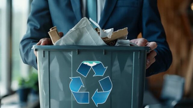 A businessman demonstrated his company's dedication to eco-friendly waste management by putting paper waste in the small recycle bin in his office.