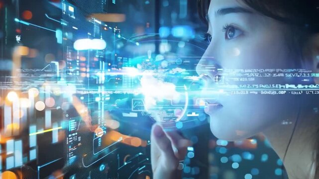 A close-up of the face of a woman who works for a cloud computing company that incorporates technology and keeps up with cloud computing trends. Graphics for digital backgrounds are helpful.