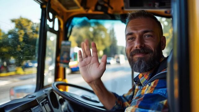 A close-up shot features a cheerful male bus driver waving from behind the wheel as they embark on their first route for the upcoming school year