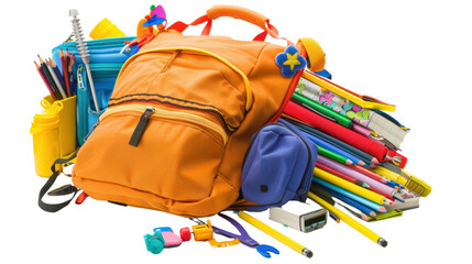 School bag with supplies on transparent background