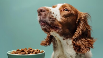 Brittany dog eating dog food , studio shot isolated on single color background ,editorial style, shoot by DSLR.