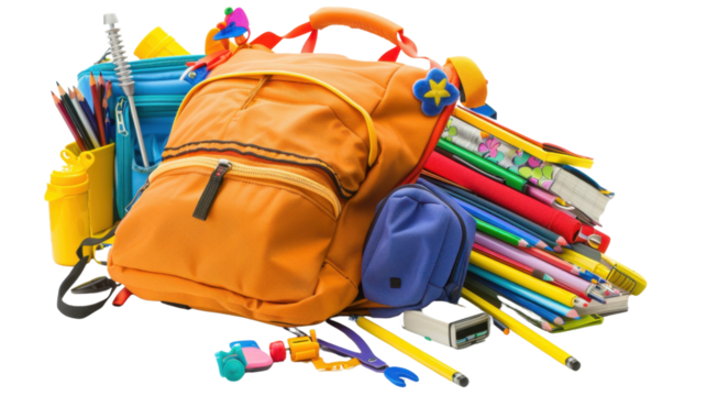 School bag with supplies on transparent background - Powered by Adobe