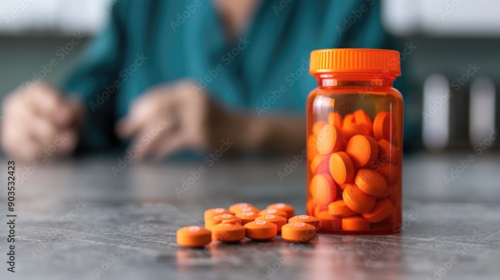 Poster vitamins for the elderly being discussed in a kitchen setting with deep depth of field close up of m