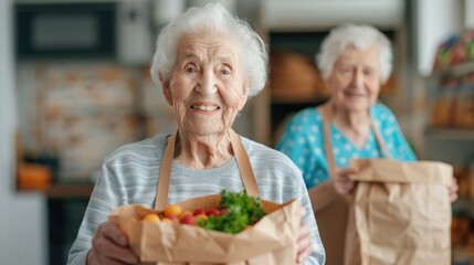 Smiling elderly couple unpacking fresh nutritious meal kits together in the comfort of their own home The meal kit delivery service provides healthy