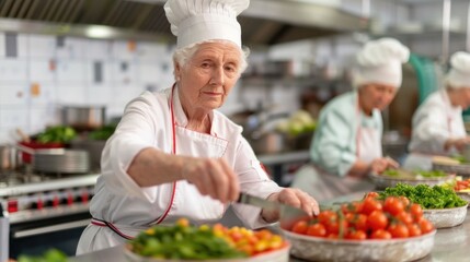 Professional Chef Guiding Group of Elderly Seniors in Hands On Cooking Class in Commercial Kitchen Setting
