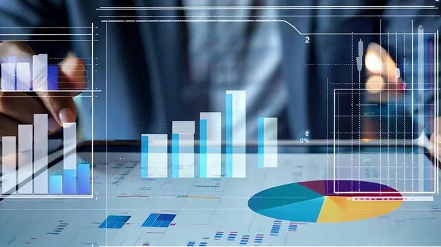 A businessman examines sales data, financial reports, and a graph showing the company's growth on a tablet. Financial report planning and strategy for business, finance, and investment concepts