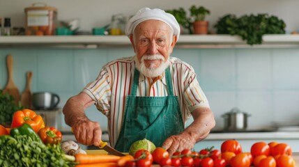Senior Male Chef Wearing Apron Preparing Nutritious Smoothie with Variety of Ripe Fruits and Vegetables on Kitchen Counter