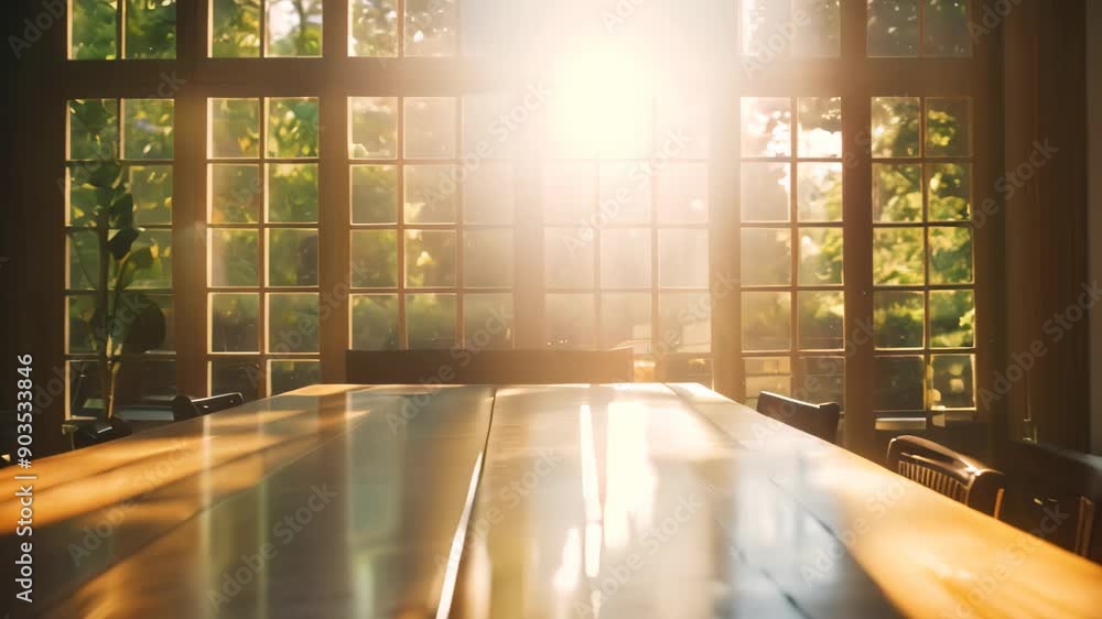 Poster a spacious wooden table illuminated by sunlight through a window, sunlight streaming in through larg