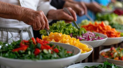 Elderly Couple Savoring Homemade Salad with Fresh Vegetables  Closeup shot of an elderly person s hands adding ingredients to a colorful bowl of greens vegetables